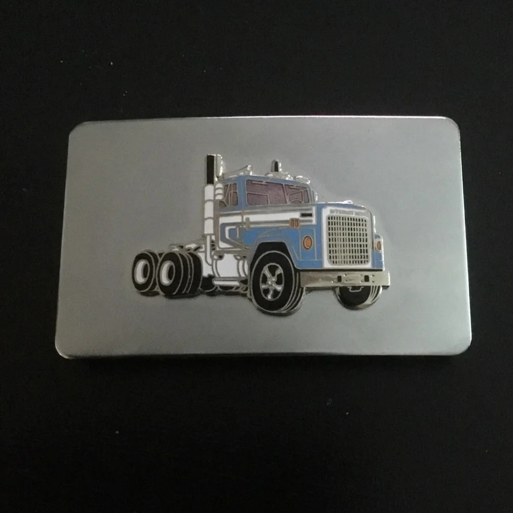 International Semi Truck Belt Buckle Enamel Silver Tone 3.25 x 2” Blue Cab VTG